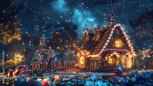 A whimsical gingerbread house adorned with festive lights sparkles under a starry night sky, evoking a magical holiday spirit. © doraclub