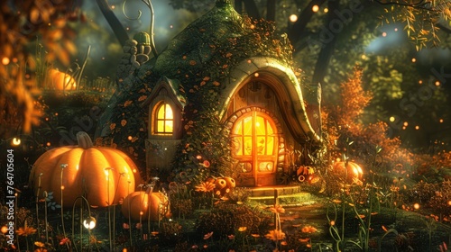 A cozy pumpkin house radiates warmth in an enchanted forest, surrounded by the golden hues of autumn and the soft glow of fireflies.