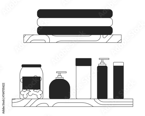 Toiletries on shelves black and white 2D line cartoon objects set. Cosmetic products, treats and towels isolated vector outline items collection. Home interior monochromatic flat spot illustrations