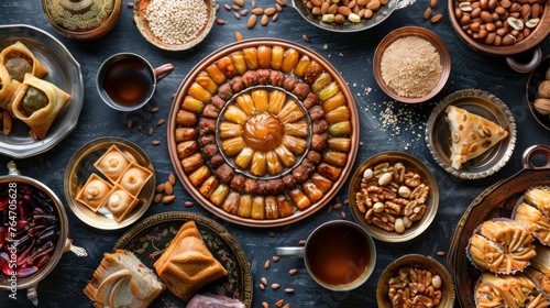 Arabic Cuisine: Middle Eastern desserts. Delicious collection of Ramadan traditional desserts. Served with tasty nuts, Arabic coffee, honey syrup and sugar syrup .Top view with close up