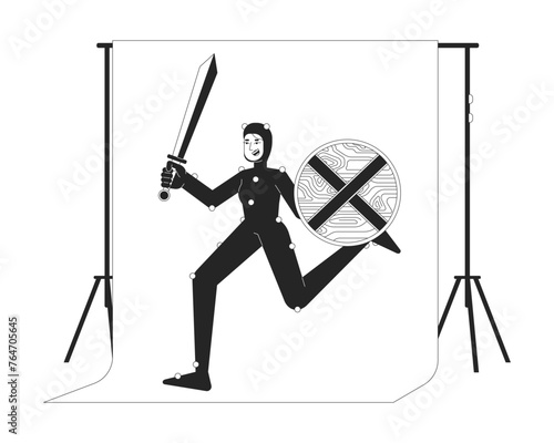 Armored actress running on chromakey screen black and white 2D line cartoon character. White woman in mo cap suit isolated vector outline person. Movie making monochromatic flat spot illustration © The img
