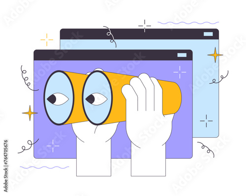 Web searching tool 2D linear illustration concept. Using binoculars to look at web pages cartoon character hands isolated on white. Online information metaphor abstract flat vector outline graphic