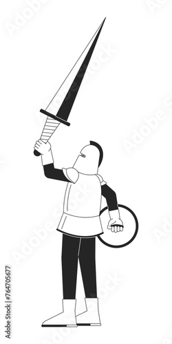 Armored knight raising up sword black and white 2D line cartoon character. Medieval tournament champion isolated vector outline person. Victory in deadly battle monochromatic flat spot illustration