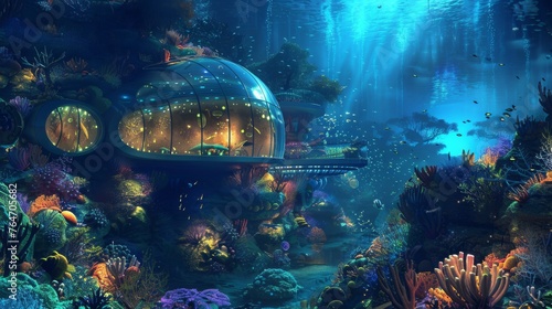 A futuristic underwater habitat lies nestled in the heart of a vibrant coral reef, teeming with marine life and bathed in the ocean's dappled light.