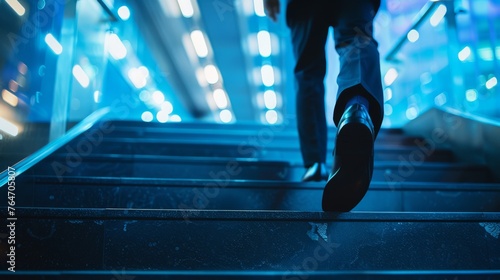 A businessman in an elegant suit and shoes steps up the stairs of the city. Leadership concept.