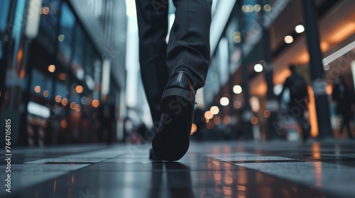 A businessman in an elegant suit and shoes walks down the city street. Leadership concept.