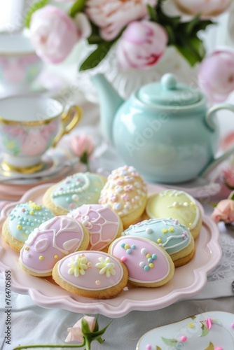 Wallpaper Mural Fancy cookies and tea set with spring flowers. Beautifully decorated cookies with a pastel tea set, complemented by spring flowers on a lacy cloth Torontodigital.ca