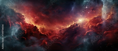 An illustration of a vibrant nebula in shades of red and blue with numerous stars scattered in the background