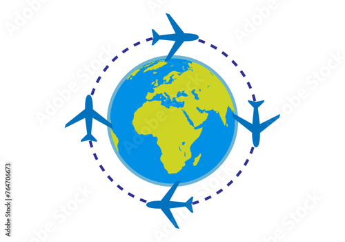 Planeta tierra rodeado de silueta de aviones.
