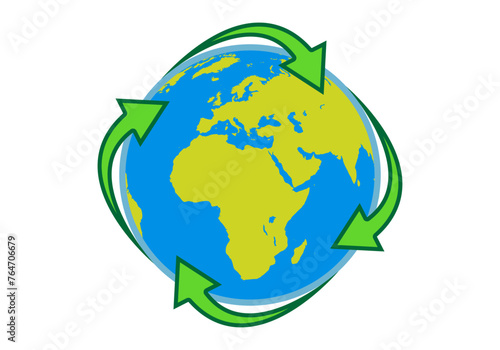 Planeta tierra rodeado de flechas verdes de reciclar. 