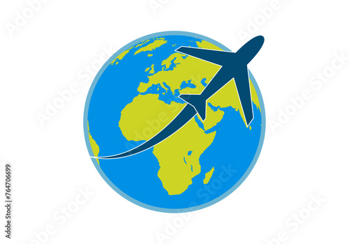 Icono de avión volando alrededor del planeta tierra. 