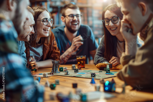 Friends playing role playing games, laughing at a board game game at the home of some geeks photo