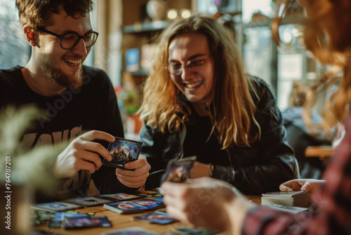 Geeks playing a fantasy card game, staying home with friends to play trading board games