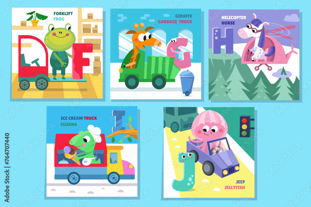 Fototapeta premium Letter set. Alphabet, cards with cute cartoon style characters. Animals and transport. ABC. Education for children. Preschool activity. Vector illustrations.