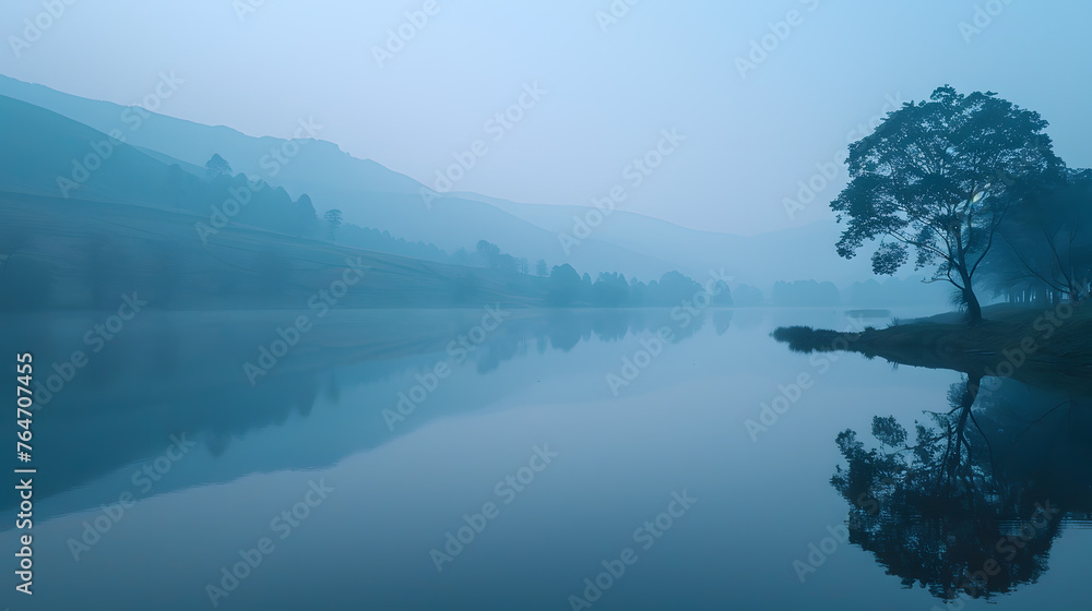 A secluded lake, with misty hills as the background, during a calm dawn