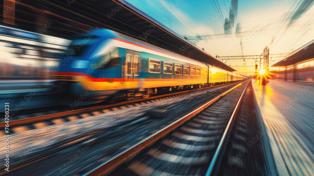 High speed train motion railway station sunset. Fast moving modern passenger train railway platform Railroad motion blur effect High speed train motion railway station sunset. Fast moving modern passenger train railway platform Railroad motion blur effect