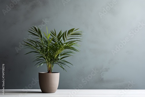 Potted plant on table in front of gray wall, in the style of minimalist backgrounds, exotic, gray