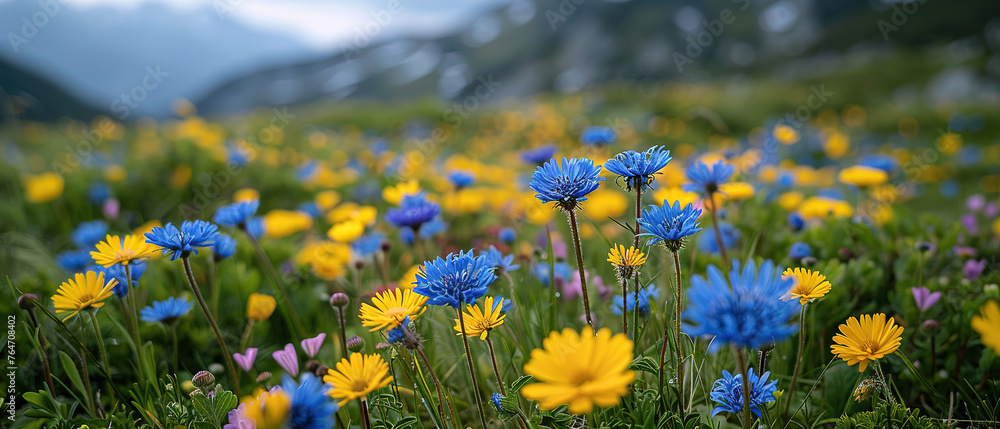 A photo of a tranquil alpine meadow, with wildflowers in full bloom as the background, during spring, with empty copy space - obrazy, fototapety, plakaty 