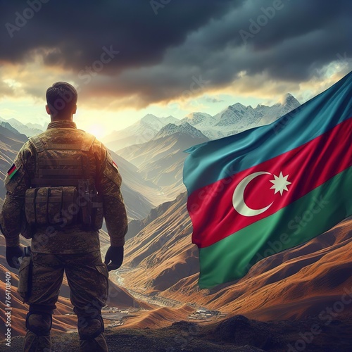 Azerbijan Soldier Night Mountain Background Generative Ai
