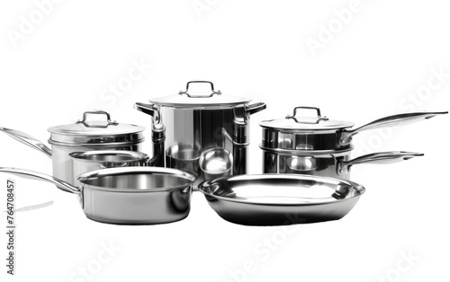 Stainless Steel Pots and Pans Set Isolated on Transparent Background