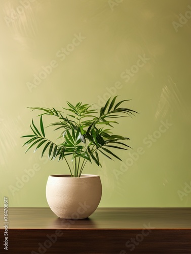 Potted plant on table in front of khaki wall, in the style of minimalist backgrounds, exotic