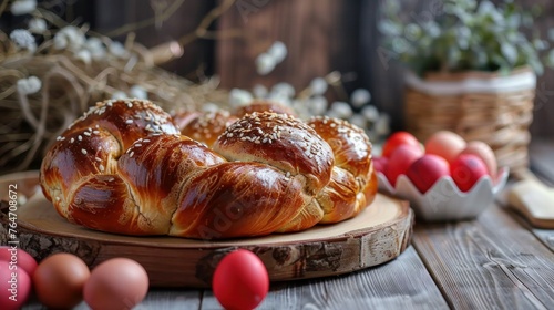 Easter sweet traditional bread, greek tsoureki and red eggs on a table  photo