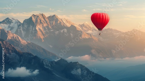 A vivid red hot air balloon in the shape of a heart floats gracefully above a majestic mountain range. The balloon stands out against the clear blue sky as it glides through the air.