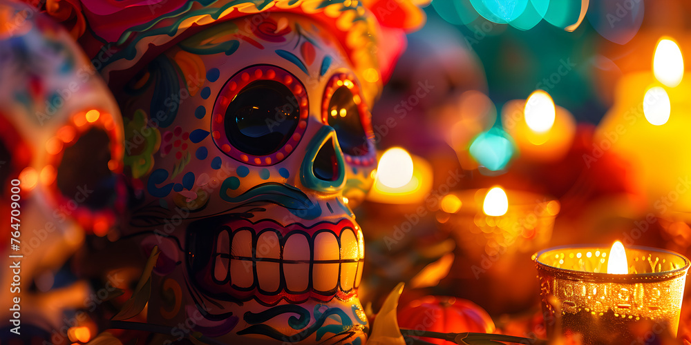 Naklejka premium Mexican day of dead background, bright background, copy space.