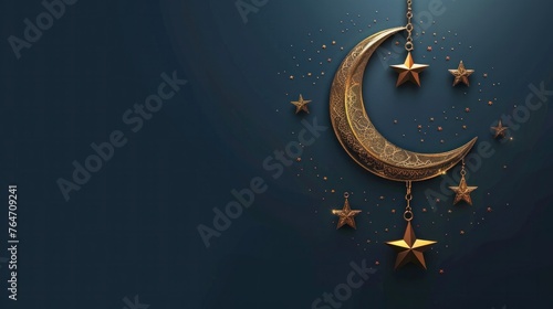 Golden Islamic star and crescent moon on dark blue background. Ramadan Kareem banner template.