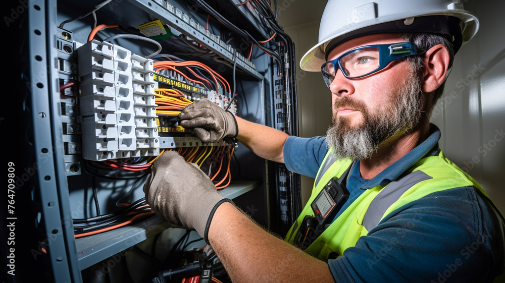 Professional male electrician engineer repairing the switchboard voltage with automatic switches. - obrazy, fototapety, plakaty 