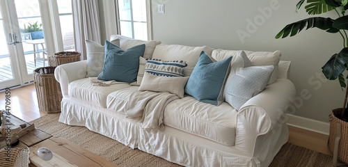 Coastal-themed sofa, slipcovers, wicker details, breezy sophistication.