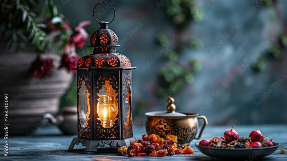 Muslim lantern with dried fruits and tea on light table Muslim lantern with dried fruits and tea on light table