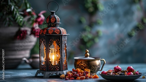 Muslim lantern with dried fruits and tea on light table 