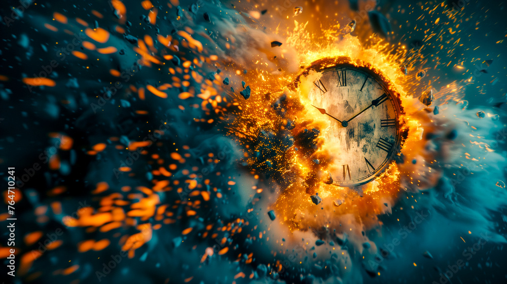 Old antique clock is burning. Time is running out, no time left, haste, and deadline concept - obrazy, fototapety, plakaty 