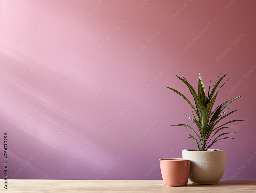 Potted plant on table in front of mauve wall, in the style of minimalist backgrounds, exotic - obrazy, fototapety, plakaty 