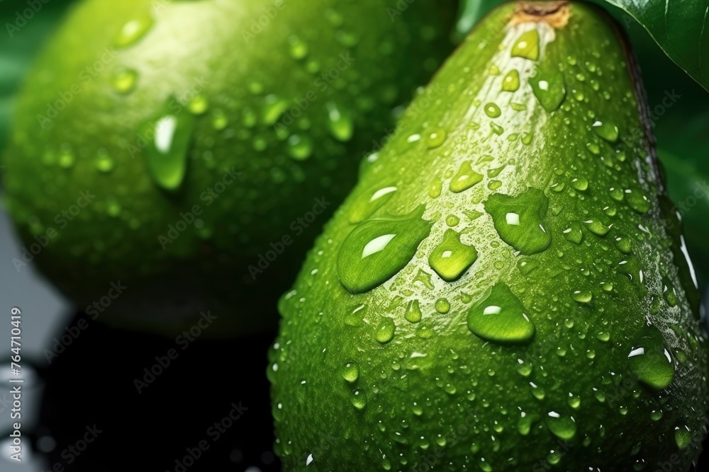 Avocado with water drops close-up. Macro photography of healthy organic avocado fruit. Vegetarian food, beautiful avocado background Avocado with water drops close-up. Macro photography of healthy organic avocado fruit. Vegetarian food, beautiful avocado background
