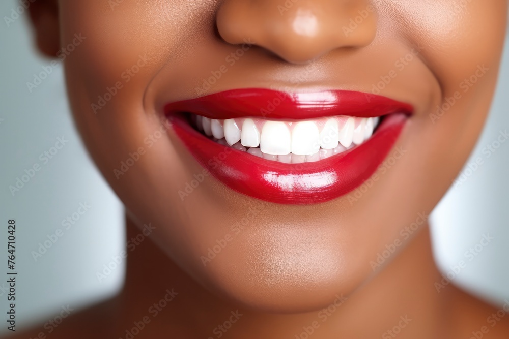 Perfect snow-white smile of an African-American girl with red lipstick on her lips close-up. Dental care concept, whitening, dentistry. Beautiful smile of a happy woman Perfect snow-white smile of an African-American girl with red lipstick on her lips close-up. Dental care concept, whitening, dentistry. Beautiful smile of a happy woman