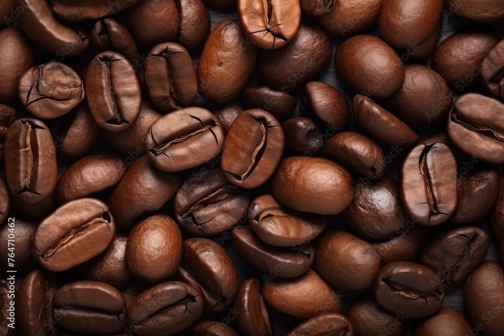 Fototapeta premium Coffee background. Coffee beans close-up, top view. Coffee texture. Ingredient for preparing a flavored drink. Dark background for design