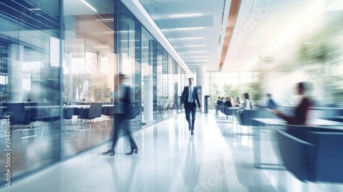 Blurred business background. Walking businessmen in a modern glass office center, shopping mall, bank. Movement effect, stylish interior with green plants