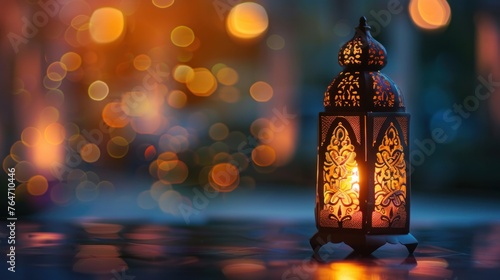 Ornamental Arabic lantern with burning candle glowing at night. Festive greeting card, invitation for Muslim holy month Ramadan Kareem