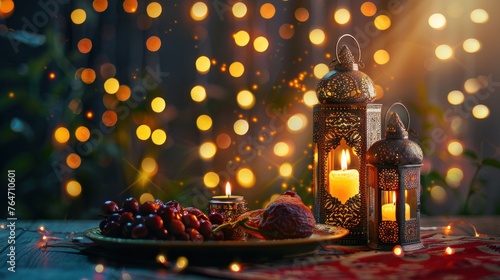 Ornamental Arabic lanterns with burning candles. Glittering golden bokeh lights. Plate with date fruit on the table. Greeting card for Muslim holiday Ramadan Kareem. Iftar dinner background.