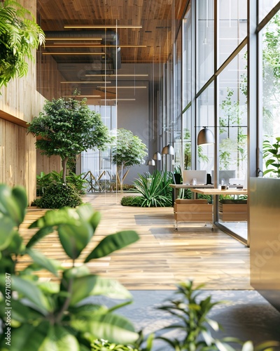 Modern office interior design with lush green plants and stylish decor