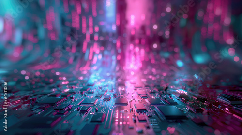 abstract macro close up computer chip on a futuristic bokeh background with pink lights, sci-fi tech computing concept