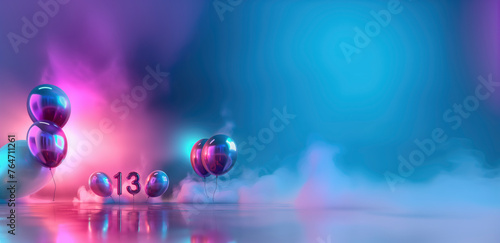 13th birthday concept. number 13 surrounded by metallic balloons illuminated by a pink light on a blue background, copy space