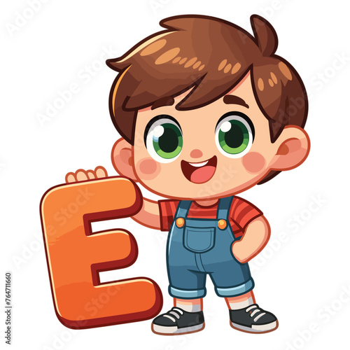 cute happy boy holding alphabet letter E vector illustration