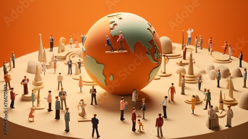 a group of miniature people standing on top of a globe