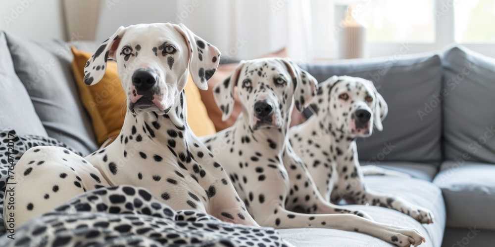 Dalmatian dogs sitting and having fun on the sofa in the house