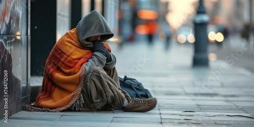 A homeless man or bum, wrapped in blankets and sleeping bags, sits with his head covered on the sidewalk