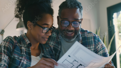 A couple is joyfully engaged in reviewing home plans, envisioning a future together.