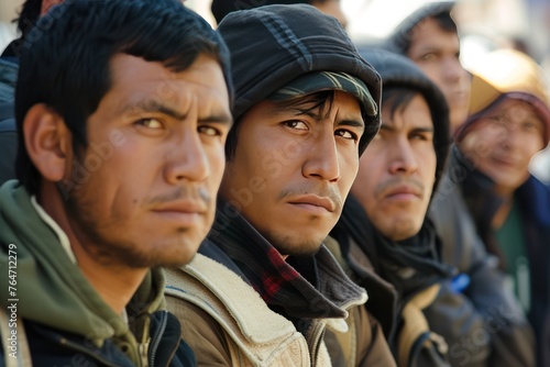 Immigrant men of various nationalities wait in line for access